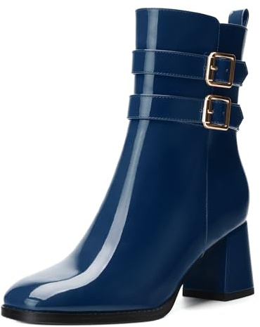 CDXJHYMY Womens Chunky High Heel Boots - Zip Up, Square Toe, Ankle Booties,Simple Classic Mid Heel Shoes for Women2.5in Navy Blue Patent Size 7.5