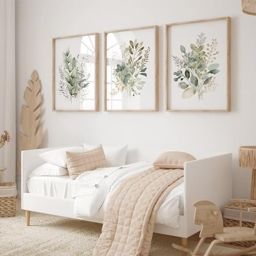 Joocrise Watercolor Botanical Wall Art Set of 3 Boho Floral Canvas Wall Decor Prints Sage Green Wildflower Wall Art Modern Flower Pictures Botanical Painting for Bedroom Bathroom 12x16 Inch Unframed