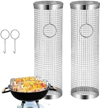 2er Set Zylindrischer Grillkorb Rund aus Edelstahl mit 1x Haken | Rollendes Grillkorb für Gasgrill, Elektro- und Holzkohle-Grill | 30 x 9 cm Grillnetzrohr für Gemüse, Pilze Meeresfrüchte, Grillgemüse