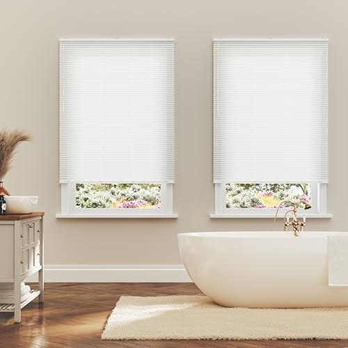 Lumino - Cordless Light Filtering Mini Blinds for Indoor Windows - 34 W x 36 L - White, 1 Vinyl Slats, Smooth Lift Operation, Horizontal Window Blinds for Home