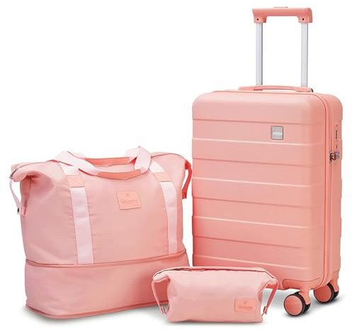 imiomo Kofferset 3 Teilig Hartschale Reisekoffer von ABS Trolley 4 Rollen Der Koffer Enthält 1 Kosmetikkoffer und 1 Tragbare Tasche Rosa