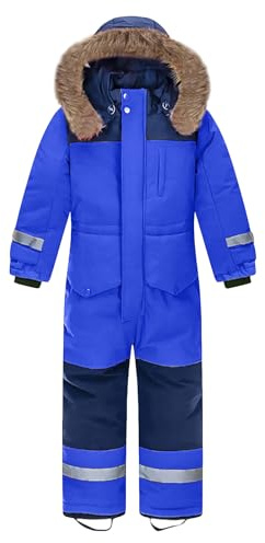 L SERVER Skiddräkt för barn pojkar med huva vindtät vattentät snöoverall för flickor varm snödräkt tjockare skidoverall med reflekterande ränder, Kungsblå, 152-158