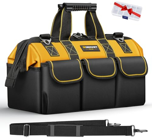WINHUNT Heavy Duty Tool Bag with Adjustable Shoulder Strap, Waterproof Wide Open Mouth Tools Storage Organiser, 15 Inch, Yellow