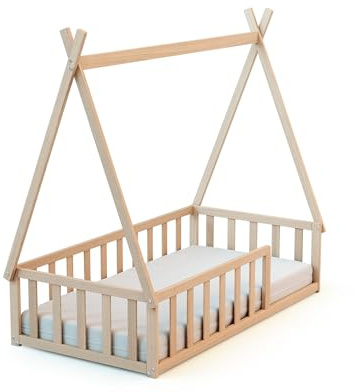 WEBABY - Bodenbett Babybett Holz 70 x 140 cm Buche Natur | Gitterbett mit Lattenrost inklusive | Schlafkomfort | Autonomie | MassivHolz | Cabane