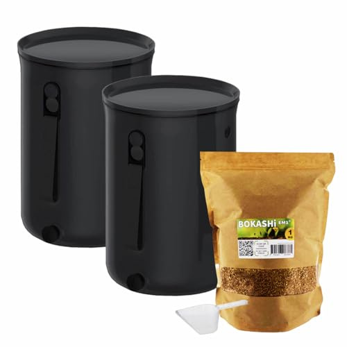 Moutta | 2er-Set Eimer Bokashi Organko 2 Schwarz (9,6L) | Organischer Komposter mit Verdichter + 1 kg EM-1 Fermentationsaktivator