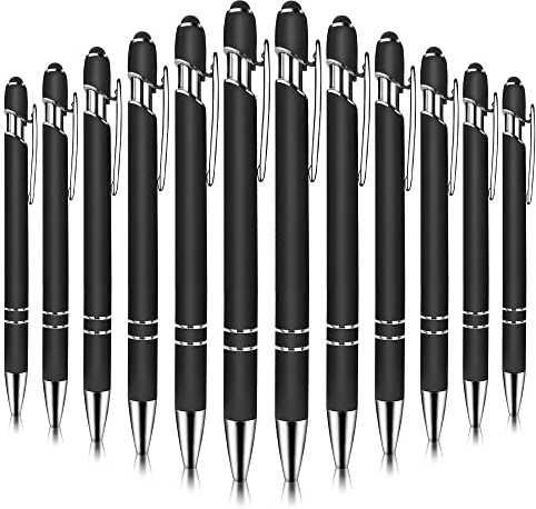 Stylo à Bille Stylet 2 en 1 Rétractable Stylets Tactile Capacitifs pour Appareil à Écran Tactile Stylet en Métal pour École, Bureau, Voyages 1.0 mm Encre Noire 12 Pièces Couleur Noire