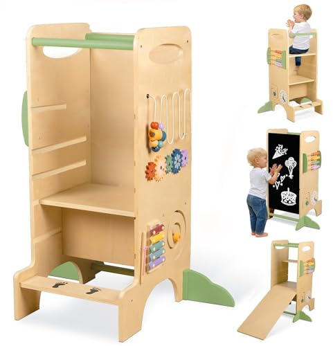 aiwo Step Stool for Kids, Learning Stool with 3 Adjustable Height, Standing Stool with Chalkboard & Bead Maze for 18M+
