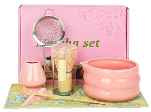 Set of 7 Matcha Tea Set with Whisk and Bowl Matcha Kit for Ceremony Matcha Whisk, Gift for Matcha Lover(Pink)