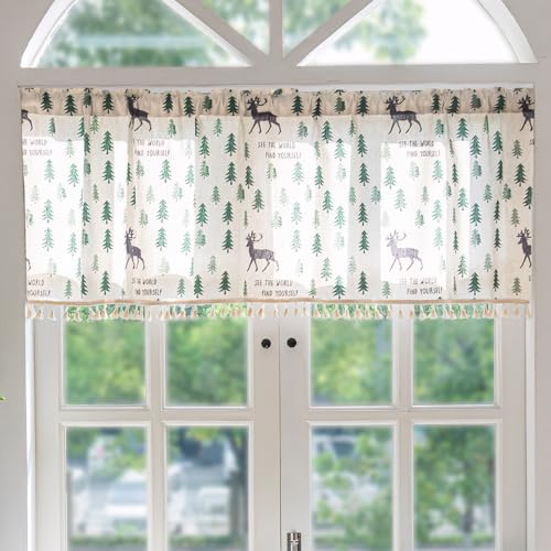 Ausing Tende a rete Tende da bistrot semitrasparenti Sipario corte per finestre che filtrano la luce Cortina pannello con stampa floreale, verde, 150×46 cm