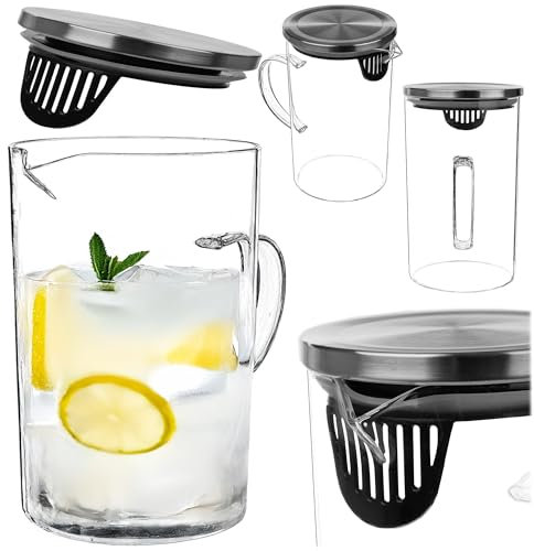KADAX Jarra de agua de cristal de 1 litro con tapa de acero inoxidable, jarra con colador, jarra de agua, jarra para agua, jarra de cristal, jarra de agua