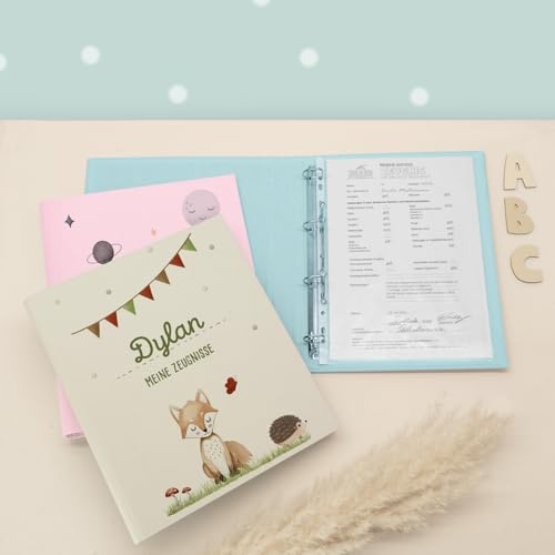 Zeugnismappe A4 personalisiert, Ringordner mit Namen, Leinen-Ordner für Schulzeugnisse, Geschenk Einschulung Mädchen & Jungen, Schulordner Tiermotive (Fuchs, Beige, 31×27×4,5)