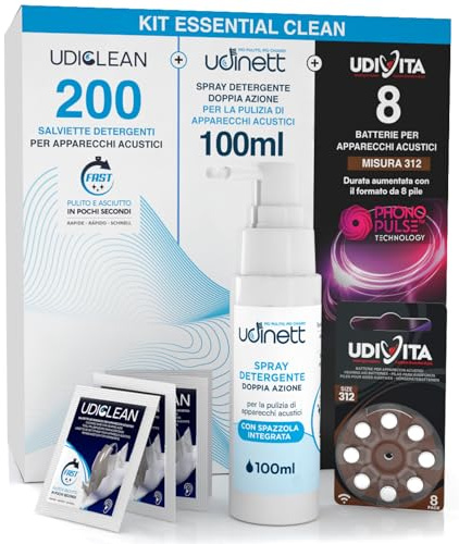 8 Hearing Aid Batteries Size 312 PR41 (Brown) + Hearing Aid Cleaning Spray 100ml with Included Brush Udinett + 200 Wet Wipes Pocket Size Udiclean - Kit Essential Clean