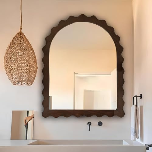 XUQQU Specchio da Parete Ad Arch Vintage con Cornice in Legno, Espejo De baño Grande con Borde Ondulado, Specchio Cosmetico da Appendere HD per Soggiorno, Ingresso(50 * 70cm/19.6 * 27.5in)