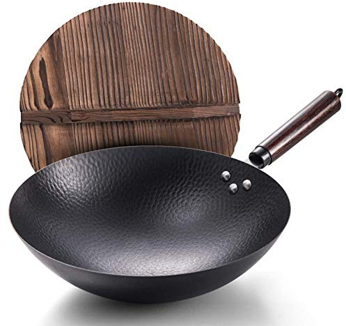 JYBNBBE Wok Antiaderente per Cucinare, Wok in Acciaio al Carbonio con Manico e Coperchio in Legno, Adatto per fornelli elettrici, fornelli a induzione e fornelli a Gas, 12,5 Pollici / 32 cm