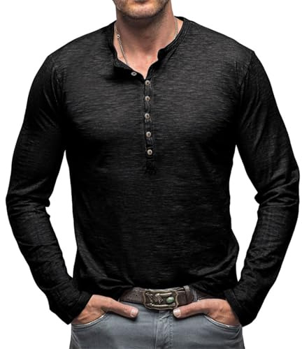 Henley T-shirt à manches longues pour homme - Col en V - Vintage - Coupe ajustée - Chemise à manches longues avec patte de boutonnage - M-3XL, Noir , M