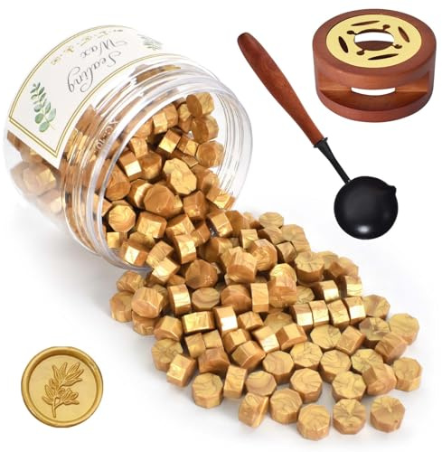 Siegelwachs Perlen Set, Siegelwachs Gold Metallic, 200 Stück Wachsperlen Siegel mit Wachssiegel Ofen und Löffel, Wachs Achteckig Wachssiegel für Siegelstempel Briefe Umschläge Karten