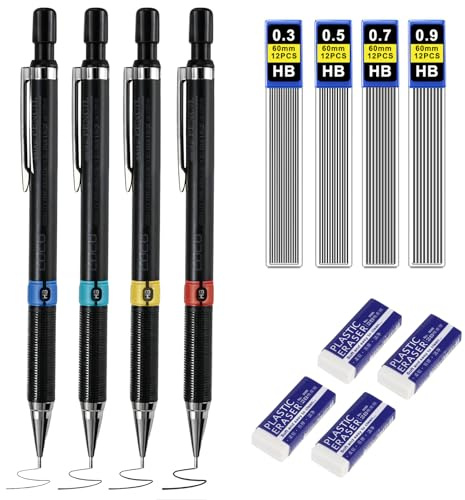 YiliYa 4 Stück Druckbleistift Set, Kunst Bleistifte 0,3/0,5/0,7/0,9 mm | mit 4 Dosen HB Bleistiftminen, 4 Radiergummis, zum Schreiben, Zeichnen und Skizzieren von Künstlern