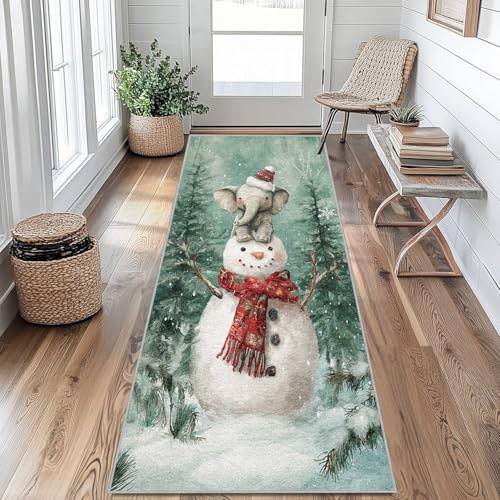 Generisch Winter Schneemann Teppich Läufer Flur Lang, Elefant Teppichläufer Flur rutschfest Küchenläufer 80 x 250 cm Waschbarer Flurläufer für Küche, Eingang, Wohnzimmer Schlafzimmer