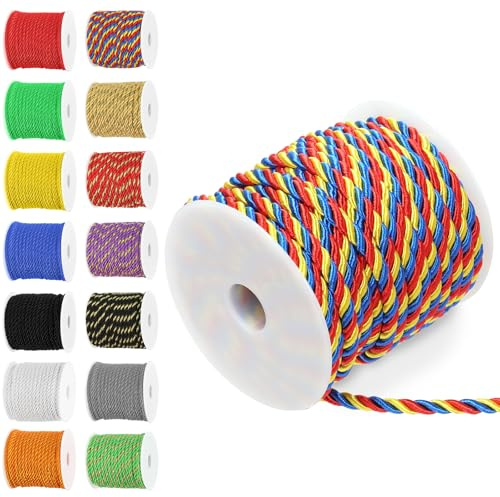 Rustark 1 cuerda trenzada roja y amarilla y azul de 5 mm x 18 m, kit surtido de cuerdas decorativas trenzadas, cuerdas de hilo trenzadas, cuerda de seda para costura, manualidades, decoración del