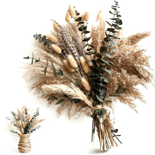 92 Pezzi Fiori Secchi Decorativi,Fiori Secchi Naturali per Vaso,Pampas Grass Naturale, Bouquet Boho Anti-Polvere, Adatto per Vasi,Matrimonio,Festa e Decorazioni Casa