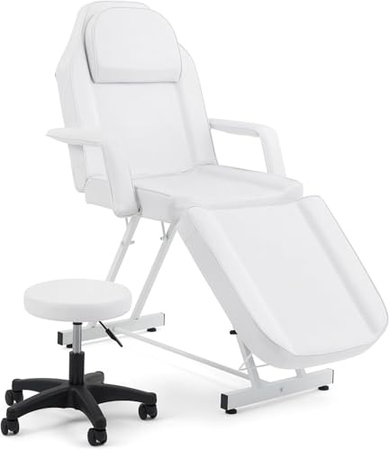 Drmilito Table de Massage avec Tabouret Lit Massage Pliante 3 Zones Blanc | en Cuir PU avec l’Appui-Tête Amovible Accoudoirs Réglables Lit Esthéticienne Physiothérapie, Tattoo
