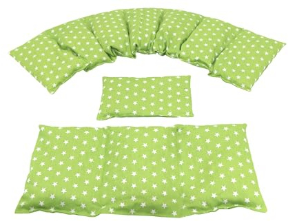 3 er Set mit DINKEL Dinkelkissen 1200 gr. STERNE, PUNKTE, UNI u.s.w. Langes 80 x 18 cm 8 Kammer + 3 Kammer + kleines Körnerkissen Wärmekissen Nackenkissen Mikrowelle (Lime/Grün, Sterne)