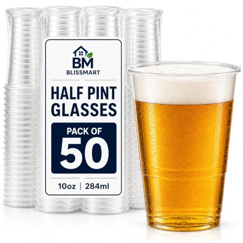 BLISSMART Plastic Half Pint Glasses 50 Pack 10oz 284ml UKCA Marked Clear BPA Free Strong Disposable Beer Cups for Parties BBQs Events