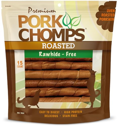 Pork Chomps Roasted Pork Skin Dog Chews, 6 Inch Twists, 15 Count - Long-Lasting Treats for Dogs - High Protein, Rawhide-Free, Low Fat, Healthy & Delicious Chews