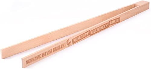 Cera & Toys® Grillzange mit Gratis Gravur des Namens - verschiedene Motive - aus 100% Naturholz Keine Tips! Bier bringen! Abflug!