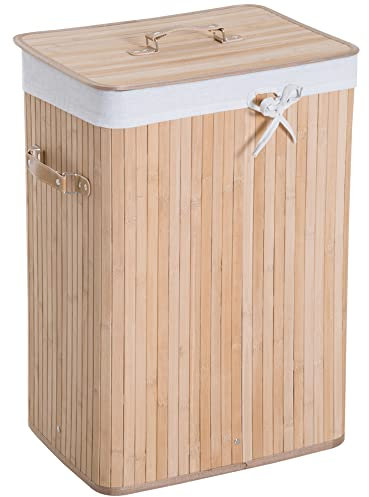 HOMCOM Panier à linge corbeille à linge bac à linge bambou pliable couvercle sac amovible 3 poignées PU 40L x 30l x 60H cm beige