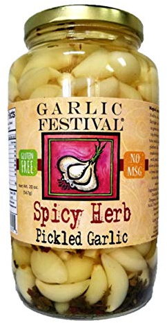 Garlic Festival Foods Spicy Herb Pickled Garlic Cloves in a Jar - Freshly Made - Subtly Infused, Pre-Prepared Garlic - Net Wt. 32 oz.