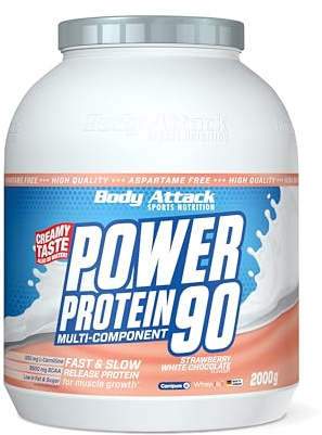 Body Attack POWER PROTEIN 90 - Strawberry White Choc - 2kg Dose - Mehrkomponenten Protein Pulver, Made in Germany - Mit BCAA, Vitaminen & L-Carnitin - Protein Shake extra cremiger Geschmack | Mehrkomponenten Protein Pulver, Made in Germany, mit BCAA, Vitaminen & L-Carnitin, Protein Shake extra cremig