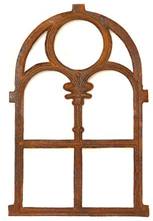 Antikas Stallfenster aus Gusseisen in Antik Optik | ca. 72,5 x 45,5 cm| Eisenfenster für Gartenmauer (rostig), rustikaler Look, Kirchenfenster
