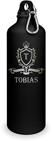 Trinkflasche mit Namen Tobias - graviert mit Wappen Monogramm, Aluminiumflasche mit Gravur, Sportflasche - matt schwarz