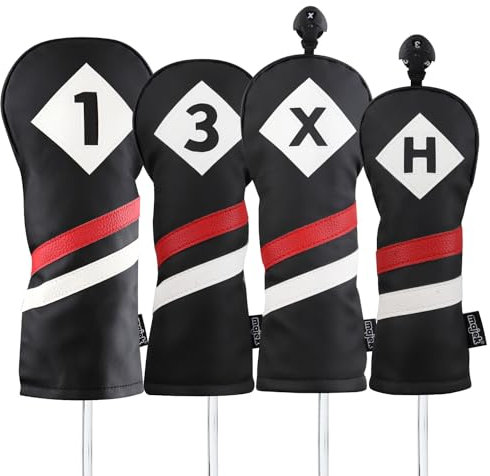Majek Copri mazza da golf retrò, nero, rosso e bianco, stile vintage, in pelle, 1 3 x H, per fairway e ibridi, adatto per driver da 460 cc, look classico