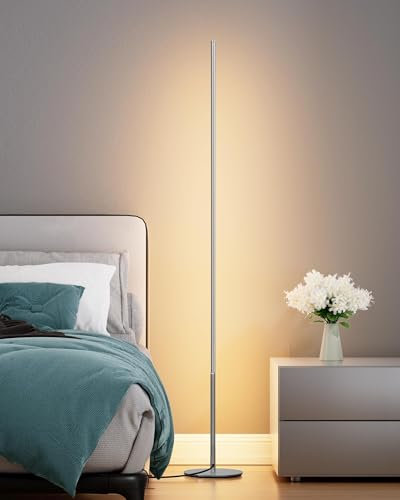 EDISHINE Lampadaire LED sur Pied Salon, 147cm Dimmable Colonne Lumineuse, 3000K Blanc Chaud, Moderne Lampe D'Ambiance, Interrupteur au Pied, Decoration Intérieur pour Salle de Jeu,Argent