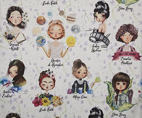 Kt KILOtela - Tela Loneta Estampada Digital, Half Panamá Algodón, Decoración, Tapizar, Cojines, Mantel, Manualidades, 100 cm Largo x 280 cm Ancho, Girl Power, Mujeres Importantes Historia - 1 Metro