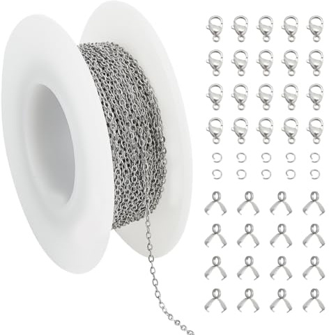 UNICRAFTALE cirka 10 m/rulle rostfritt stål kabelkedjor halsband & 20 st ringar med öppna hopp och 20 st hummerklospännen och 10 st nypspännen för att tillverka halsband armband