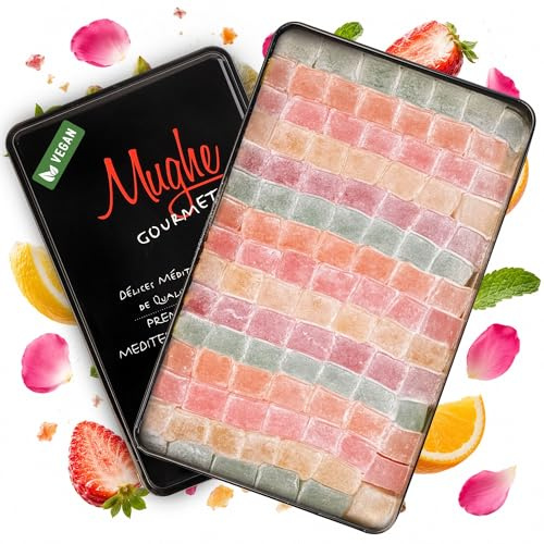 Mughe Gourmet Turkish Delight original, 750g Caja de Delicias Turcas de Frutas en Lata Metálica Regalo, VEGANO sin Gluten
