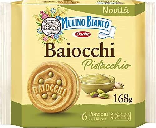 6 galletas de pistacho Mulino Bianco Baiocchi, ideal para desayuno o aperitivo, sin aceite de palma, 6 porciones de 3 galletas