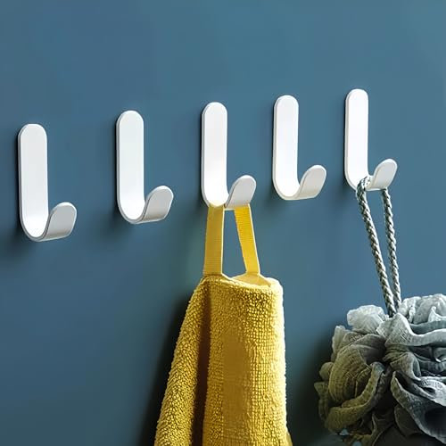 QMAHA Pack of 12 Stainless Steel Towel Hooks, Self-Adhesive, No Drilling, Wardrobe and Bathroom/Kitchen Hooks (White)