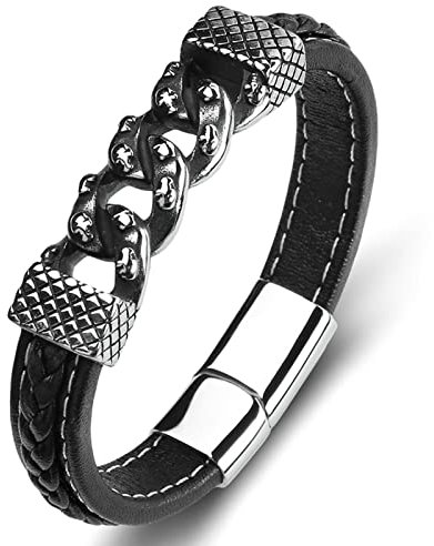 KnSam Paar Armbänder, PU Leder Bettelarmband Herren Kette Armband Leder Edelstahl Handhandgelenk Kette Schwarz mit Magnet Verschluss, Länge 16.5CM Männer Geschenke