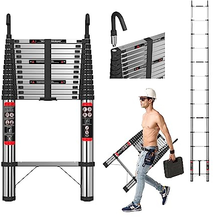 5m Teleskopleiter Ausziehleiter mit Abnehmbarem Haken Hochwertiger Edelstahl Tragbare Leiter für Wohnmobil/Dachboden/Büro/Warenhaus Mehrzweckleiter