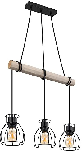 Vintage Pendelleuchte Hängelampe Holz Esstischlampe Retro Hängeleuchte mit Holzbalken, Metall schwarz, 3 x E27 Fassung, LxBxH 50x14x140 cm