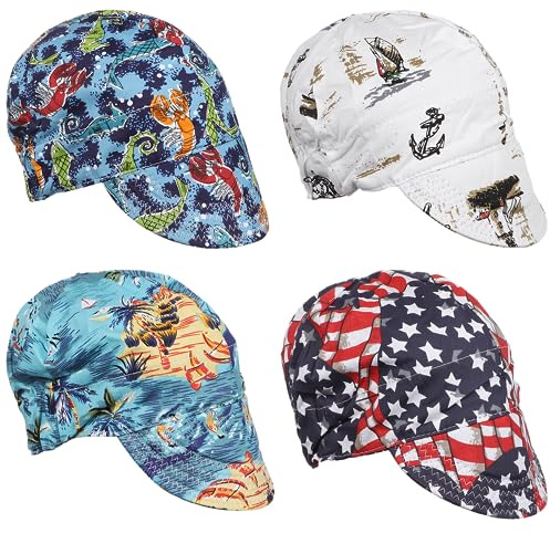 4Pcs Welding Caps, Cotton Welding Hats, Welders Caps with Sweat-absorbing Mesh Liner, Breathable Welding Hats with Elastic Ring for Welders Electricians Power Station Workers