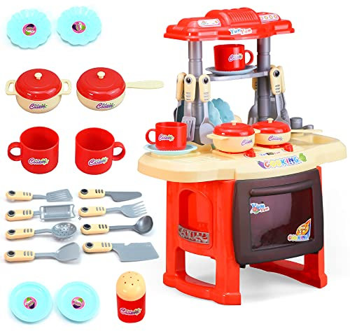 EVERGD Kitchen Playset Role Playing Game Small Kitchen Toy Play Set with Light and Sound 24 Accessories Included Best Gift for Boys Girls (Red)