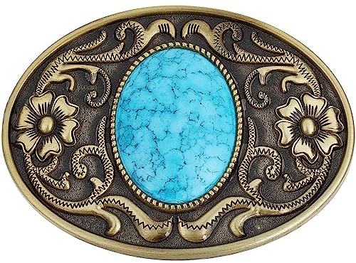 GORGECRAFT Turkos stenknappar 90×66 mm bältesspännen herr amerikansk västerländsk cowboy indiska element vintage turkos oval bältesspänne med blomma för herrbälte, antik brons