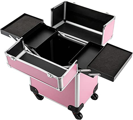 Alu Kosmetik Trolley Koffer Schmink Friseur Pro Beauty Case Make-Up Nageldesign Gut Reisen Rollender Zug Wagen Aufbewahrungsorganisator Mit Teleskopierbaren Stange Universal Wheel Und Lock (Rosa)