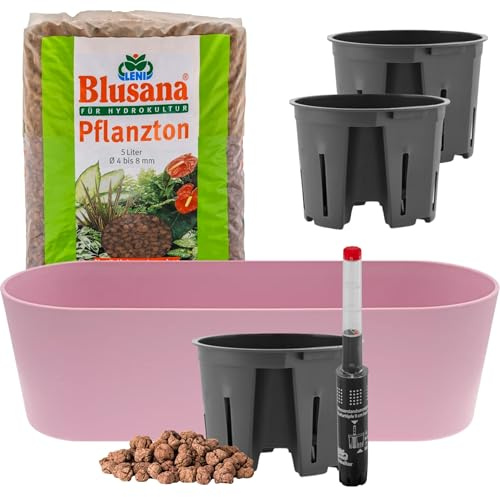 Leni Flori Jardiniere Blumentopf länglich 36 cm Pastell-rosa/hell pink Hydrokultur-Komplett-Set mit Übertopf Hydro-Töpfen Wasserstandsanzeiger & Pflanzton