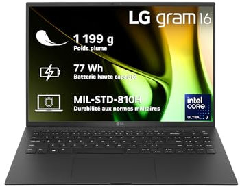 LG 16Z90S-G.AA55F - PC Portable 16 1199g, écran IPS QHD+ 16:10, Plateforme Intel® Evo™ Ultra 5 125H, RAM 16Go, SSD 512Go NVMe, Intel Iris XE, Thunderbolt™ 4, Windows 11, Clavier AZERTY, Noir
